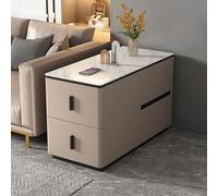 YHHLWXMDZ Table D'appoint pour Canapé avec 4 Tiroirs, Structure en Bois Massif et Plateau en Dalle de Pierre, Revêtue de Cuir Microfibre, pour Salon, Chambre et Bureau(Khaki,Right 80cm/31.5in)