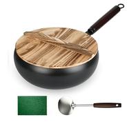 YHNDECO Poêle en fer non revêtue de 26 cm, poêle en fer japonais, wok forgé à la main avec couvercle antiadhésif, casseroles en fer forgé à la main, grand pot forgé pour cuisinières à gaz, plaques à