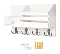 YHomU Organisateur Mural d’entrée avec étagère, Porte-clés en Bois, 4 Crochets, Petit tiroir, Blanc Rustique, Range-courrier à Fixer au Mur, pour entrée, Couloir et décoration de la Maison
