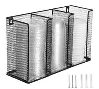 YHomU Support mural pour couvercles de gobelets à café, distributeur en maille métallique pour gobelets jetables, organisateur à 3 compartiments 33 x 20,1 x 11,4 cm, noir, pour couvercles et sauces