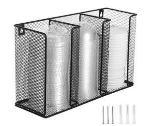 YHomU Support mural pour couvercles de gobelets à café, distributeur en maille métallique pour gobelets jetables, organisateur à 3 compartiments 33 x 20,1 x 11,4 cm, noir, pour couvercles et sauces