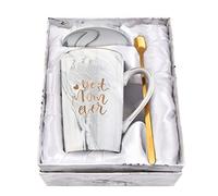 YHRJWN Mom Gifts - Tasse « Best Mom Ever » - Cadeau pour femme pour la fête des mères, Noël, un anniversaire - Tasse marbrée de 414 ml avec boîte cadeau, cuillère et dessous de verre (gris)