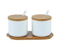 Yhuasia 2 Pcs 230ml Céramique Sucrier Rond Seasoning, Pot Gros Sel, Pot a Epices, Boîte Avec Cuillère et Couverture de Bambou（Blanc