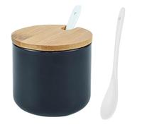 Yhuasia 230ml Céramique Sucrier Rond Seasoning, pot gros sel, pot a epices, boîte avec Cuillère et Couverture de Bambou（Noir
