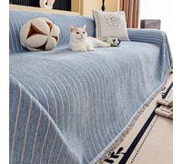 YHXBD Housse De Canapé en Chenille pour 2, 3, 4 Places, Plaid pour Canapés Extra Large, Texture À Rayures Simples, Housse De Canapé Lavable, Protection De Canapé avec Pompon,Bleu,180x340cm