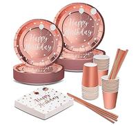 Yidaxing 120pcs Vaisselle Jetable Anniversaire, Assiettes Jetables Rose Gold, Vaisselles Anniversaires Fille, Gobelets Pailles en Papier et Serviettes pour Mariages Fête Baby Shower, 24 Invités