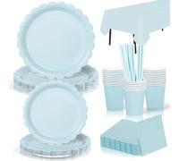 Yidaxing Assiette Jetable Bleu Comprend Assiettes Pailles Serviettes,Nappe | Yidaxing Assiette Jetable,Couvert Jetable,Assiettes pour Les Mariages, Les Anniversaires et Les Fêtes,16 Invités