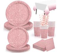 Yidaxing Assiette Jetable Rose Comprend Assiettes Pailles Serviettes,Nappe | Yidaxing Assiette Jetable,Couvert Jetable,Assiettes pour Les Mariages, Les Anniversaires et Les Fêtes,16 Invités