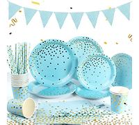 Yidaxing Vaisselle de Fête Bleues et Or, 122 Pièces Vaisselle Jetable Decoration Anniversaire Set Comprendre Assiettes en Papier, Serviettes, Paille, Tasses pour Mariage, Servir 24 Invités