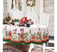 Yighty Oval Christmas Tablecloth, 60 x 84In, Poinsettia Snowflake Holiday Decoration, Polyester Waterproof Wrinkle-Resistant Durable for Kitchen, Winter and Home Decor