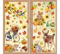 YIHELU Décoration Fenêtre Automne Thanksgiving - Lot de 68 Autocollants Réutilisables sans Colle - Kit avec Feuilles d'Érable, Citrouilles et Animaux pour Fête (Automne 1)