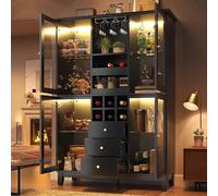 Yihomfy Armoire de Cuisine, Vitrine, Armoire Haute, Dispositif Anti-basculement, éclairage LED, 3 Tiroirs, 4 Portes, Étagères Réglables, Étagère à Vin, Porte-gobelets, pour Cuisine, Salon (Noir-10S)