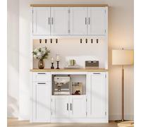 Yihomfy Buffet Cuisine Armoire Haute 120×40×182 cm, Meuble Rangement avec LED RGB, Prises 2AC+2USB, 3 Tiroirs, Étagères Réglables, Vaisselier, Blanc