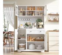 Yihomfy Buffet Haut de Cuisine Blanc 103,5×40×180 cm, Vaisselier avec Portes Vitrées, Tiroir, Étagères Réglables, Panneau Perforé, Armoire de Rangement Multifonction
