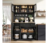 Yihomfy Buffet Haut de Cuisine Noir 103,5×40×180 cm, Vaisselier avec Portes Vitrées, Tiroir, Étagères Réglables, Panneau Perforé, Armoire de Rangement Multifonction