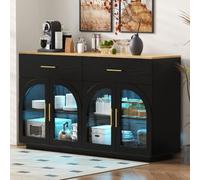 Yihomfy Buffet Salle à Manger avec Plan de Travail et Bandeau LED, Bahut de Salle Meuble de Rangement 2 Tiroirs et 4 Portes, Vaisselier Buffet Bas Moderne pour Salon Meuble Cuisine 147 x 40 x 86 cm