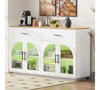 Yihomfy Buffet Salle à Manger avec Plan de Travail et Bandeau LED, Bahut de Salle Meuble de Rangement 2 Tiroirs et 4 Portes, Vaisselier Buffet Bas Moderne pour Salon Meuble Cuisine 147 x 40 x 86 cm
