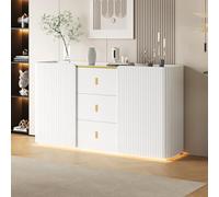 Yihomfy Buffet Salle À Manger Blanc avec LED, Buffet Bas 150 Cm, Meuble De Rangement Bahut De Salon pour Cuisine Et Entrée, Commode Design 2 Portes Et 2 Tiroirs, Plan De Travail 150x35x80 Cm