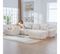 Yihomfy Canapé Modulaire en Velours Corde, Canapé d'angle en Forme de U, avec 2 Tabourets, Configuration Libre, avec Porte-Gobelet et Poches Latérales, Canapé pour Salon (Beige, 4 Sièges+2 Tabouret)