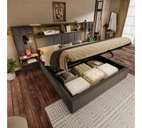 Yihomfy Lit Coffre avec Sommier à Lattes avec USB,Lit Double avec 4 Tiroirs,2 Tables de Chevet,Lampe de Lecture,pour 2 Adultes et Adolescents (Gris-a, 180 × 200 cm)
