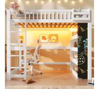 Yihomfy Lit Mezzanine 140x200 cm avec Bande LED et Bureau, Lit Mezzanine 2 Place en Pin Massif avec Rangement, Ardoise, Étagères, Cadre de Lit Enfant Bois, Blanc (sans Matelas)