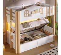 Yihomfy Lit Superposé 90x200 cm avec Rangement Hydraulique, Lit Cabane Enfant avec LED et Étagères, Lit à Étages avec Échelle Amovible, Blanc et Naturel