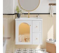 Yihomfy Meuble lavabo Mural 60.5 cm avec Vasque en céramique, Petit Meuble sous-Vasque avec Porte Vitrée Cannelée et Éclairage LED, Deux Tiroirs de Soft-Close, Désign Simple Moderne, Blanc-D