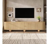 Yihomfy Meuble TV Bois avec Portes Coulissantes à Lamelles Verticales, Meuble Tele Rétro Design Arrondi, Meuble TV Rangement avec Pieds Boule, 180 x 35 x 45 cm, Natural-A