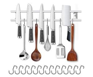 YIIYIIN Porte-couteaux magnétique de 45,7 cm pour montage mural - Bandes magnétiques avec 12 crochets - En acier inoxydable 304 - Barre magnétique murale pour couteaux - Porte-ustensiles de cuisine