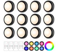 Yiliaw Lot de 12 palets lumineux LED avec télécommande, 16 couleurs changeantes, lumières sous armoire, veilleuses à piles avec variateur d'intensité et minuterie pour placard, chambre à coucher,