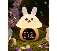 Yiliaw Réveil Enfant Éducatif Jour/Nuit Lumineux en Silicone avec Veilleuse - Horloge avec Lumière Apaisante, Idéale pour Garçons et Filles, Parfait pour Chambre d’Enfant, Lapin Champignon