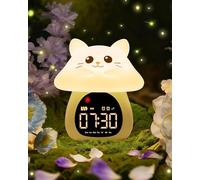 Yiliaw Réveil Enfant Éducatif Jour/Nuit Lumineux en Silicone avec Veilleuse - Horloge avec Lumière Apaisante, Idéale pour Garçons et Filles, Parfait pour Chambre d’Enfant, Chat Champignon