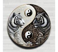 Yin Yang Tigres Fleur de Lotus Vintage Rustique Plaque Ronde en Aluminium Métal pour Mur, 20,3 cm Décoration Murale Intérieure et Extérieure pour Maison, Bureau, Café et Ferme de Jardin
