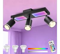 YindaLux Plafonnier LED 3 Spots avec Télécommande, RGB 25W 2850LM Spots de Plafond GU10 Orientable, Noir Plafonnier Spot avec Lueur Inférieure 10W+3x5W GU10 pour Salon Cuisine Chambre