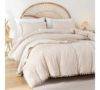 YIRDDEO Parure de lit 3 pièces à Franges à Pompons de Style bohème pour Grand lit, Beige, esthétique et Luxueuse en Microfibre Ultra Douce