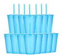 Yisituo Lot de 15 gobelets réutilisables en plastique de 480 ml avec couvercle et paille pour boissons froides, café glacé, voyage et smoothies (bleu clair pailleté)