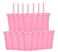 Yisituo Lot de 15 gobelets réutilisables en plastique de 480 ml avec couvercle et paille pour boissons froides, café glacé, voyage et smoothies (rose)