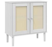 Yisssmeng Buffet blanc 80 x 35 x 80 cm - Commode en bois de pin massif avec aspect rotin - Buffet avec 2 portes et poignées en bois pour salon, couloir - Armoire d'appoint moderne au design bohème