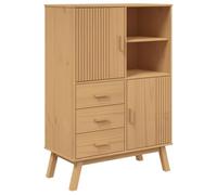 Yisssmeng Buffet Haut Olden Bois Massif de Pin Marron 85x43x125 cm | Armoire de rangement rustique en pin massif avec 3 tiroirs et portes, ideale pour optimiser l espace du salon.