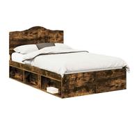 Yisssmeng Cadre de lit 135 x 190 cm, cadre de lit double en bois de chêne fumé avec sommier à lattes et tête de lit en pin - Lit futon moderne pour chambre à coucher et chambre d'amis