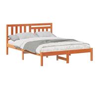 Yisssmeng Cadre de lit 135 x 190 cm en bois de pin massif, lit futon solide avec sommier à lattes et tête de lit, lit double moderne pour chambre à coucher, marron ciré