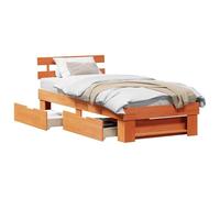 Yisssmeng Cadre de lit marron ciré 75 x 190 cm, cadre de lit en pin massif avec tête de lit et sommier à lattes, lit simple en bois avec tiroirs pour matelas de 70 x 190 cm