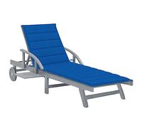 Yisssmeng Chaise longue en bois d'acacia massif avec coussin, bleu roi, mobilier de jardin avec dossier réglable, étagère et roues, 200 x 68 x 86 cm, pour terrasse et jardin