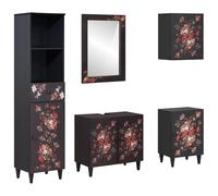 Yisssmeng Ensemble de meubles de salle de bain 5 pièces en bois de manguier massif - Meuble de lavabo, miroir et armoires à motif floral et boutons en laiton - Ensemble de meubles de salle de bain à