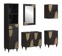 Yisssmeng Ensemble de meubles de salle de bain 5 pièces en bois de manguier massif noir avec lavabo, miroir, armoire haute et suspendue, design rustique avec boutons en laiton et sérigraphie dorée