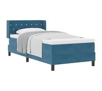 Yisssmeng Lit à sommier tapissier 90 x 190 cm avec matelas et surmatelas, lit rembourré en velours bleu foncé, lit simple avec tête de lit réglable, cadre en pin massif pour chambre à coucher