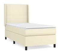 Yisssmeng Lit à sommier tapissier 90 x 200 cm avec matelas et surmatelas, lit capitonné, cuir synthétique, crème, lit simple avec tête de lit réglable en hauteur avec oreilles pour chambre à coucher