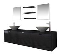 Yisssmeng Lot de 10 meubles de salle de bain 180 cm double lavabo en noir, 2 lavabos en céramique, 2 robinets, miroirs, étagères, meuble de lavabo mural en bois