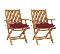 Yisssmeng Lot de 2 chaises de jardin pliables avec coussins bordeaux en teck massif 56 x 58 x 88 cm - Chaises de terrasse ergonomiques pour balcon, jardin et salon d'extérieur