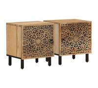 Yisssmeng Lot de 2 Tables de Chevet 40x33x46 cm Bois de Manguier Massif | Meubles d'appoint sculptés à la main pour chambre, dotés d'une porte discrète et de pieds en fer stables au style rétro.